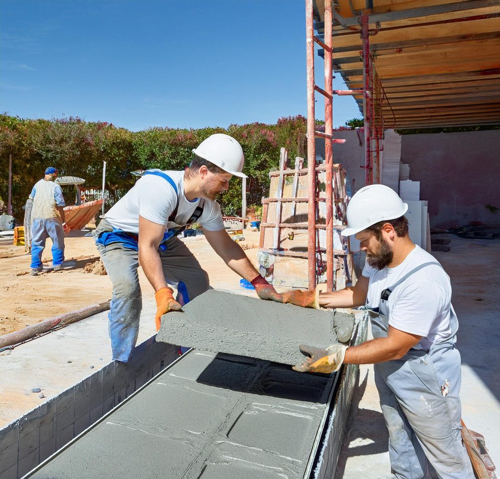 construction workshop where workers are handling paving stone moulds 